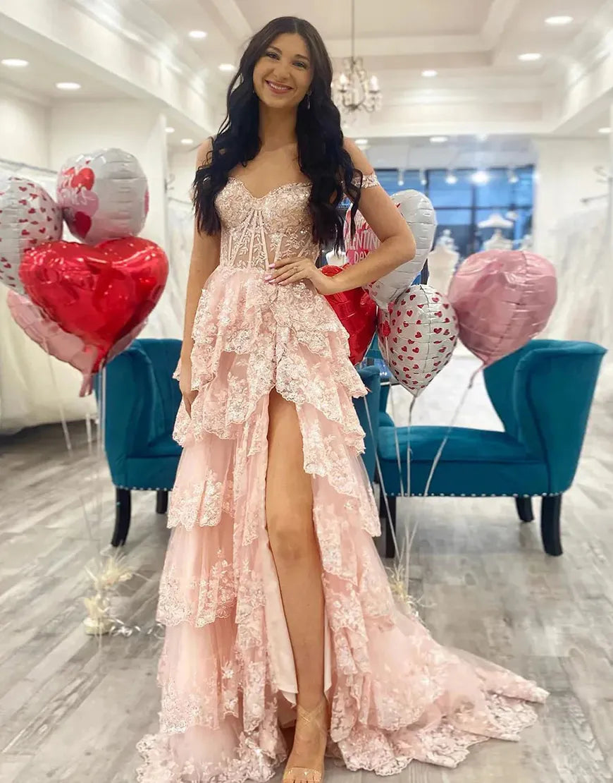 Wholesale Charming A-Line Sweep Train Long Tiered Prom Dress With Split long prom dresses with sleeves